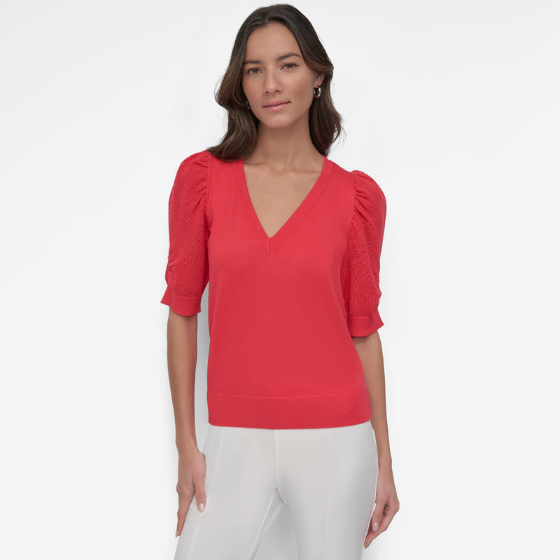 P/Dama Sweater S/S V Nk Twst Slv Swtr 75%Rayîn,25%Nilîn